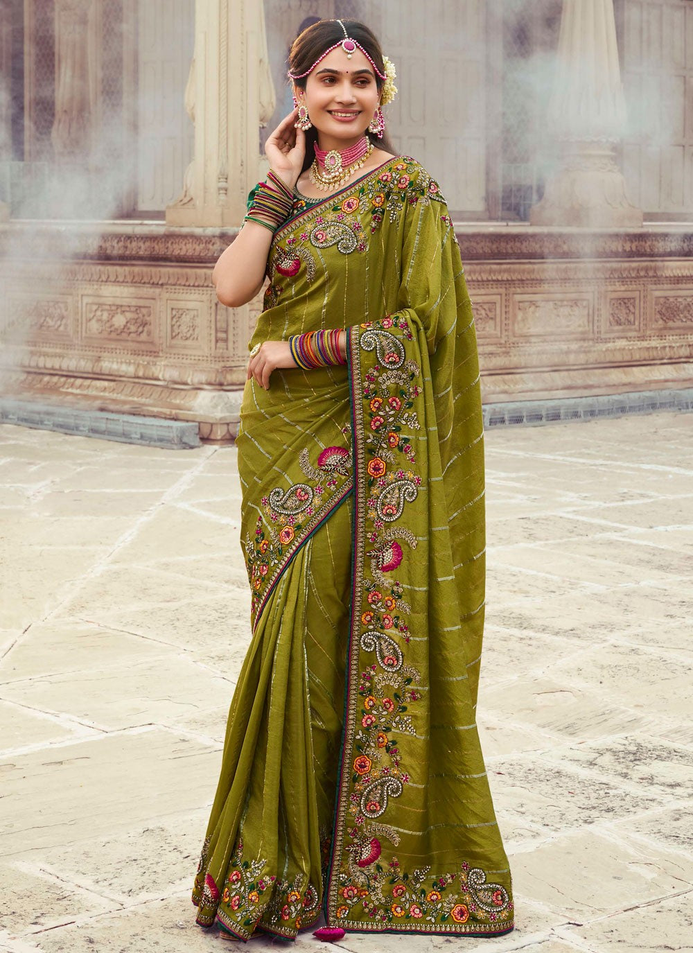 Embroidered Silk Green Traditional Saree S15345