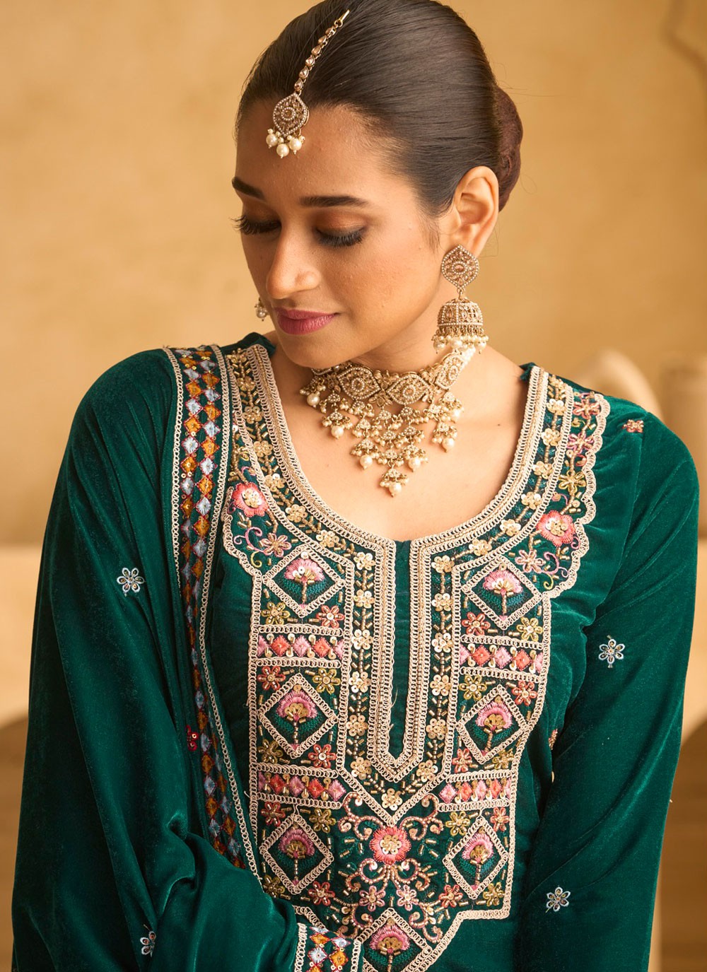 Palazzo Suit Beads, Embroidered, Sequins, Zari Green T7026