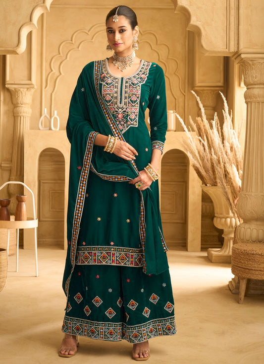 Palazzo Suit Beads, Embroidered, Sequins, Zari Green T7026