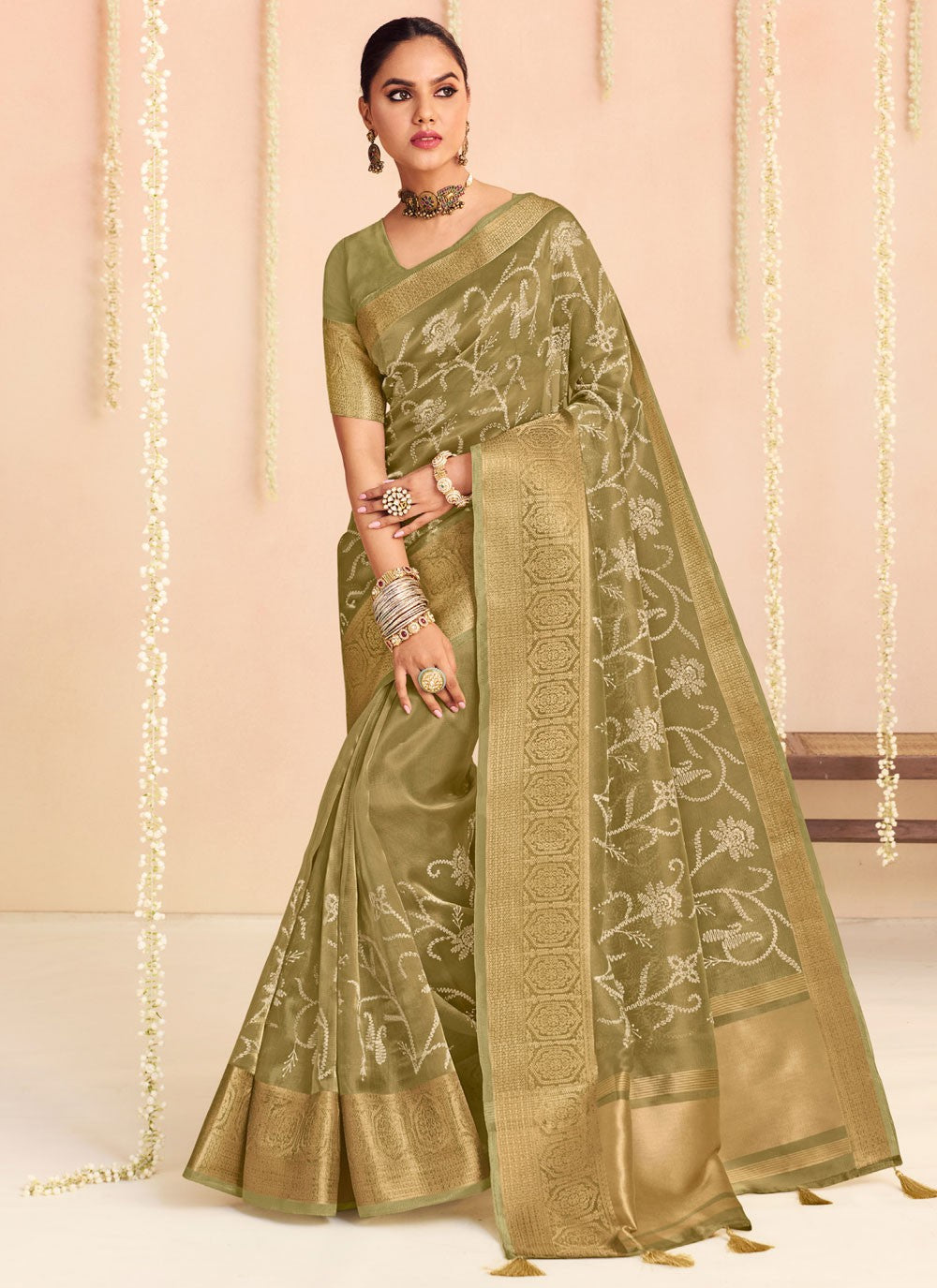 Trendy Saree Floral Printed Green Organza Saree S12672