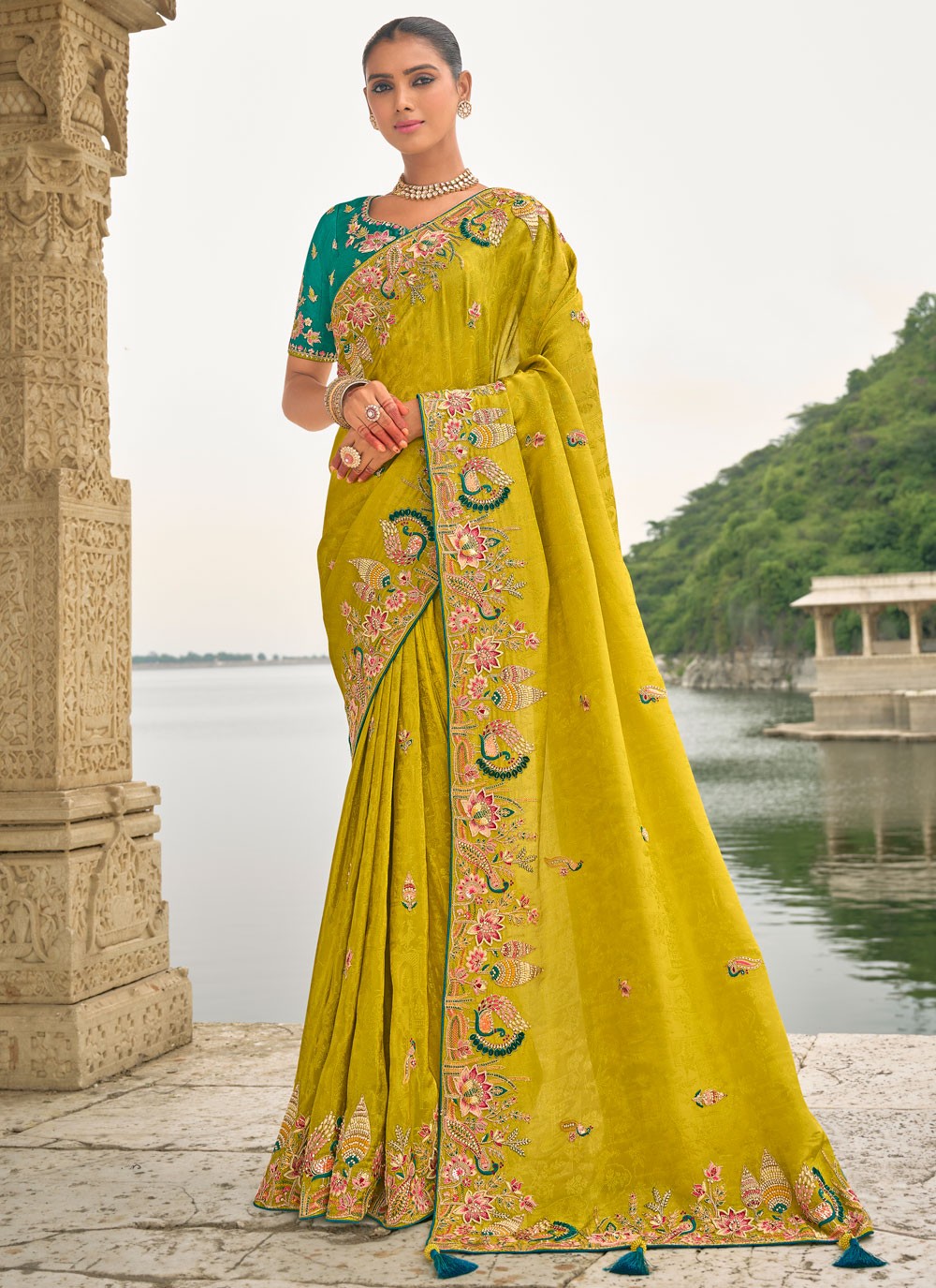 Embroidered Jacquard Green Saree S14813