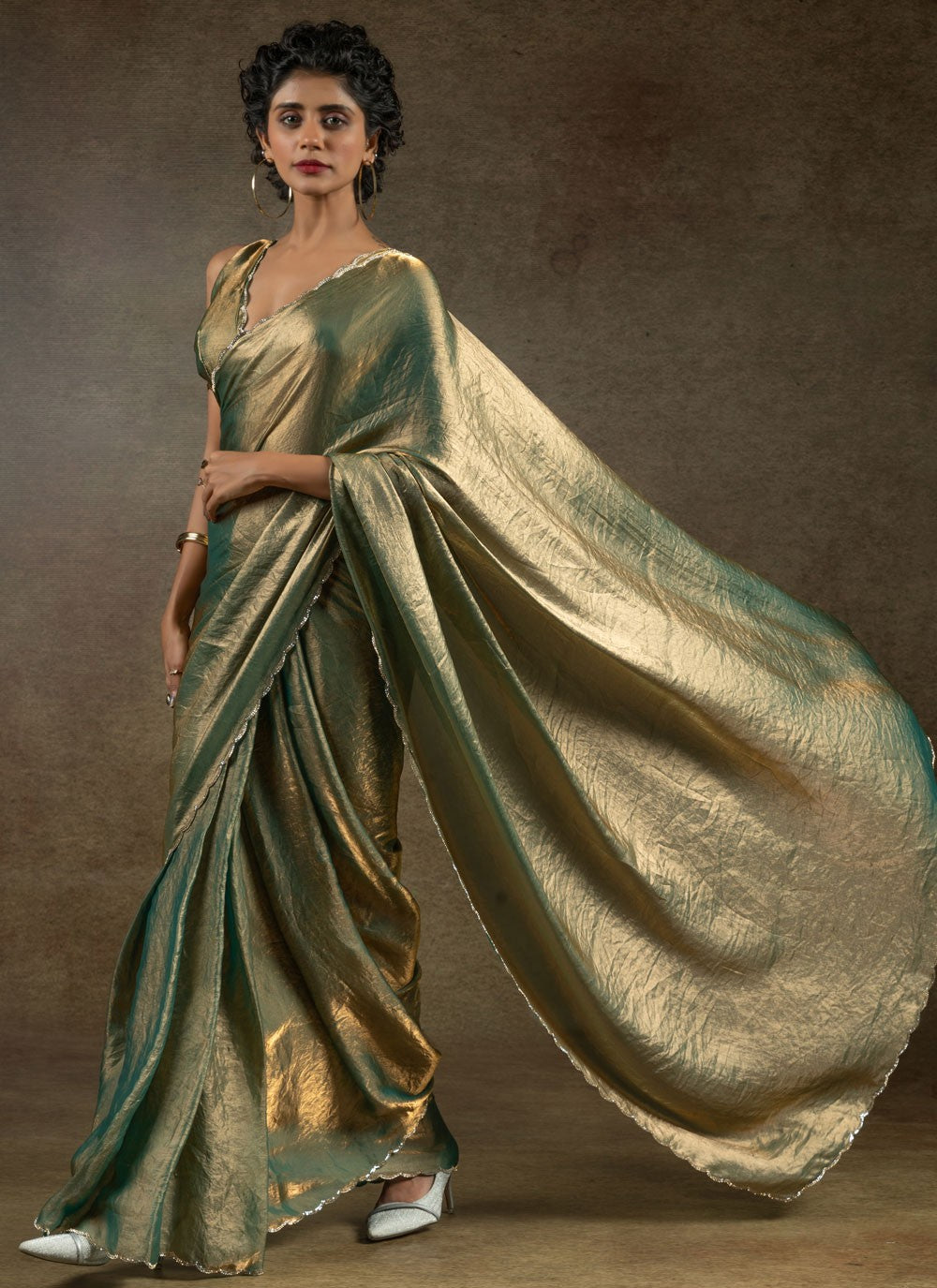 Cut Work Satin Silk Green Trendy Saree S15421