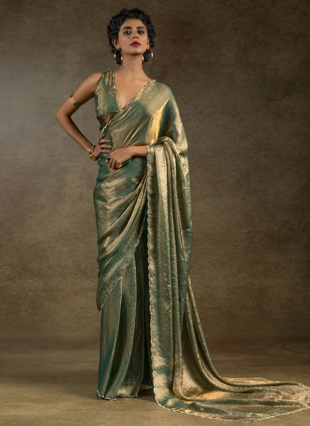 Cut Work Satin Silk Green Trendy Saree S15421
