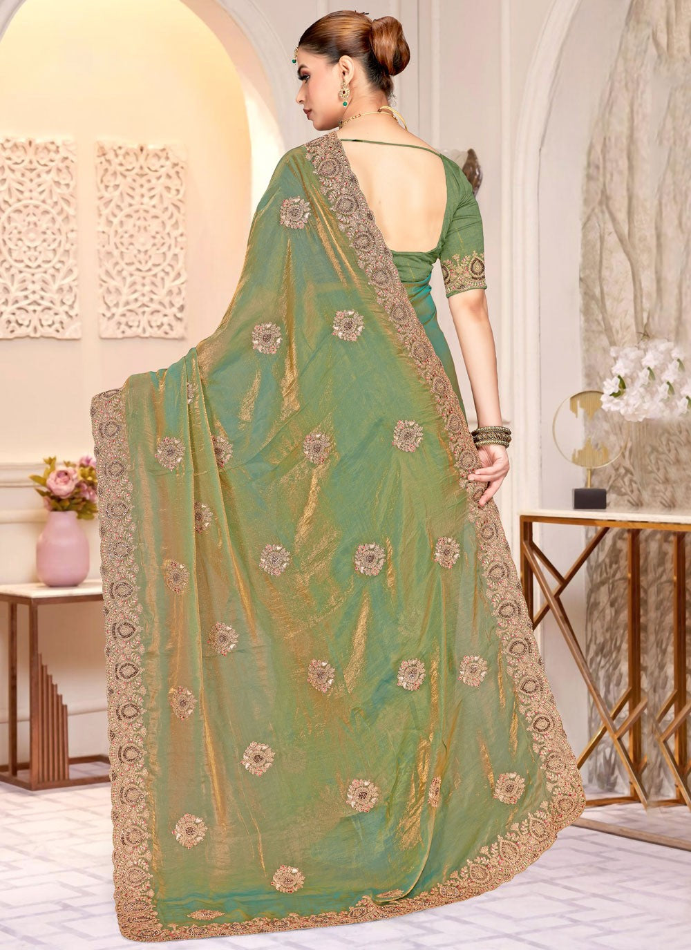 Green Satin Silk Trendy Saree Cord, Embroidered S20217