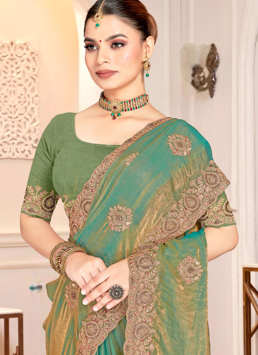 Green Satin Silk Trendy Saree Cord, Embroidered S20217