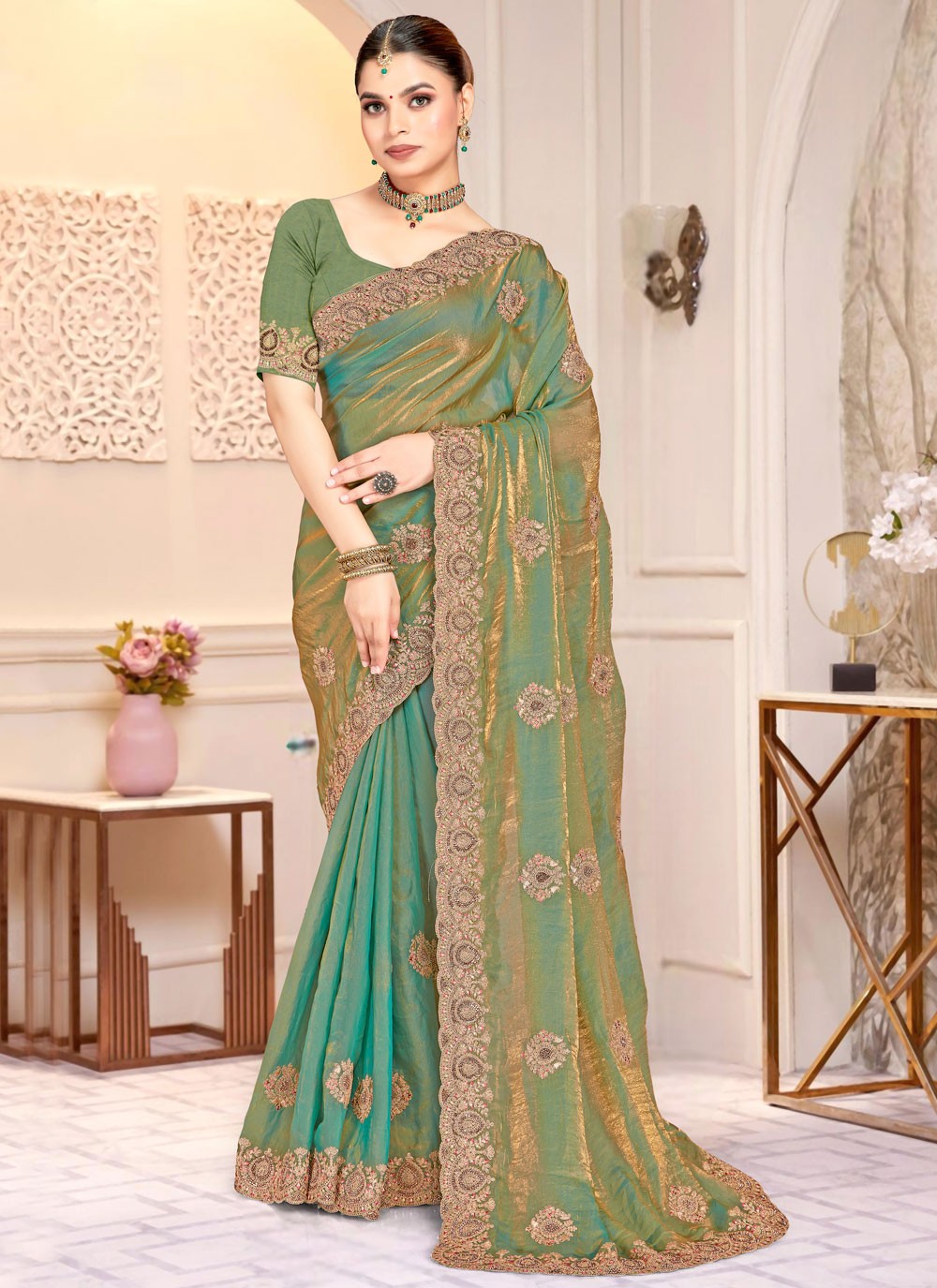 Green Satin Silk Trendy Saree Cord, Embroidered S20217