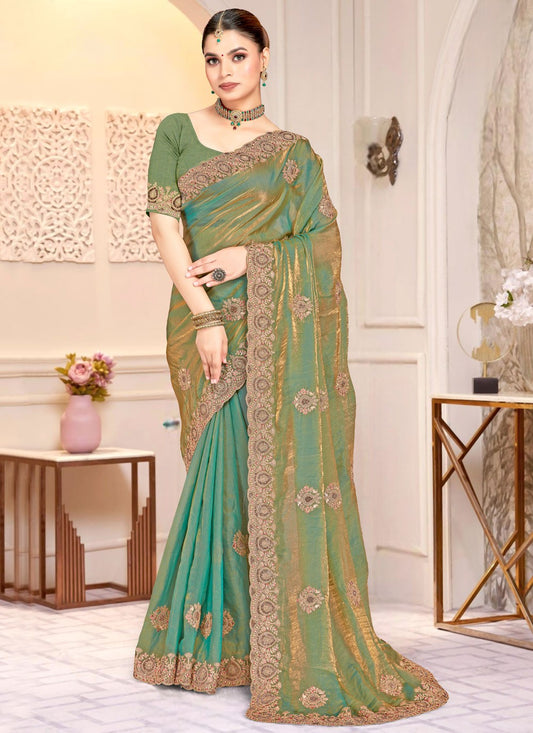 Green Satin Silk Trendy Saree Cord, Embroidered S20217