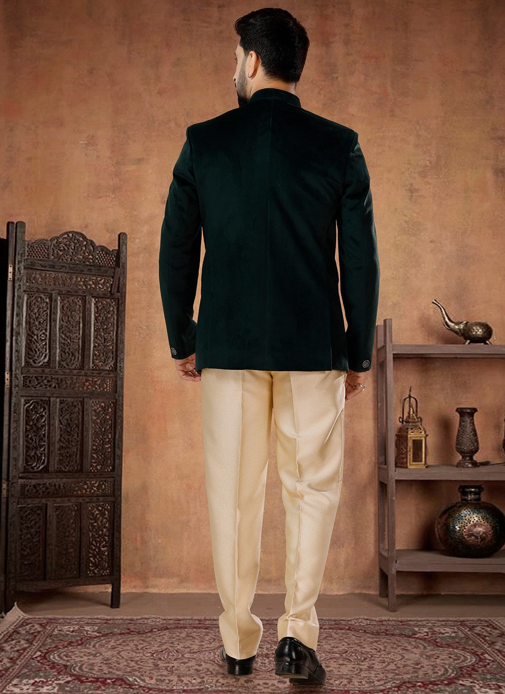 Buttons Velvet Green Jodhpuri Suit - M7062