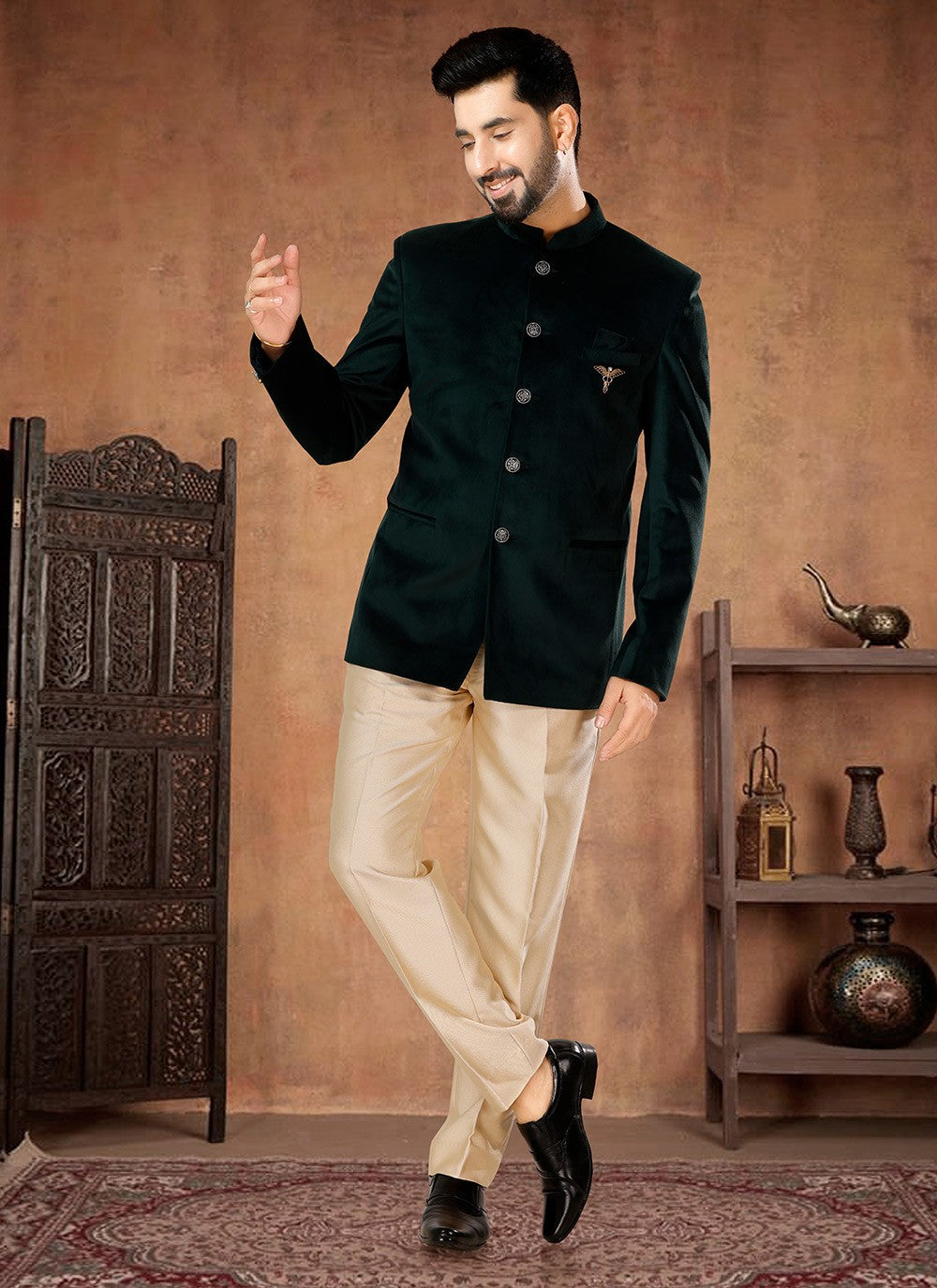 Buttons Velvet Green Jodhpuri Suit - M7062