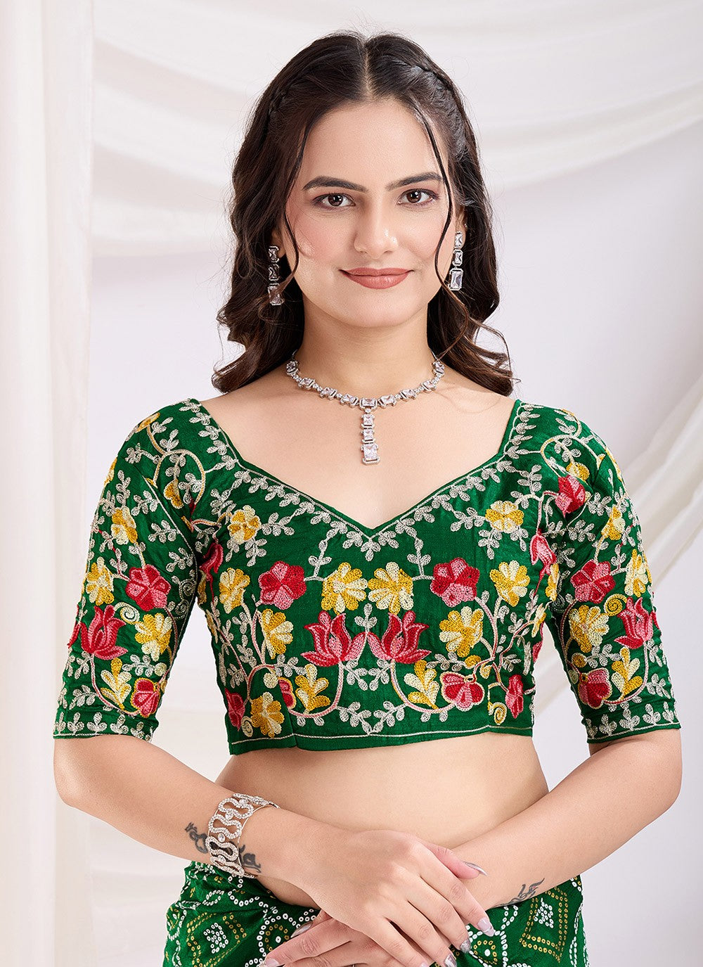 Embroidered Vichitra Silk Green Saree S13875