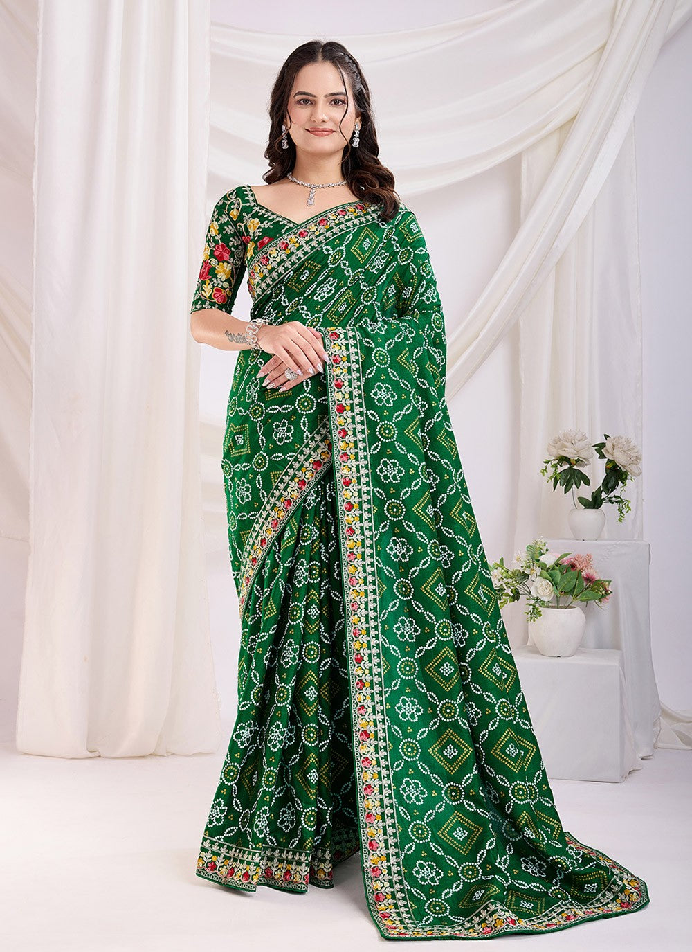 Embroidered Vichitra Silk Green Saree S13875