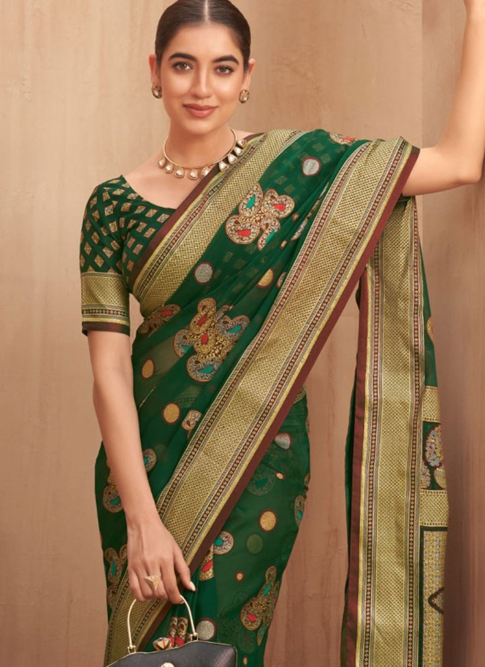 Weaving Zari Georgette Green Saree S14480