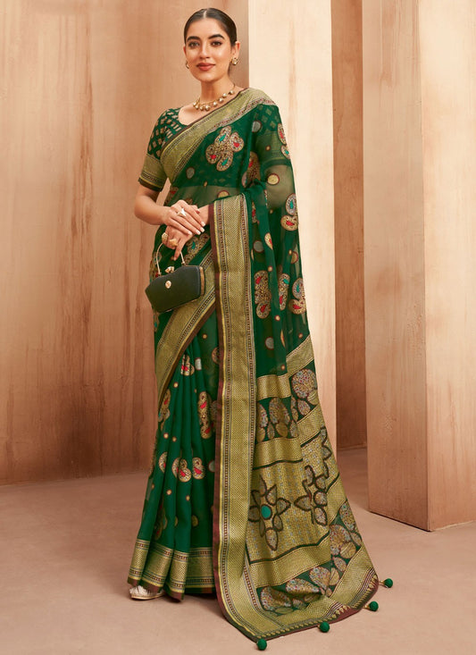 Weaving Zari Georgette Green Saree S14480