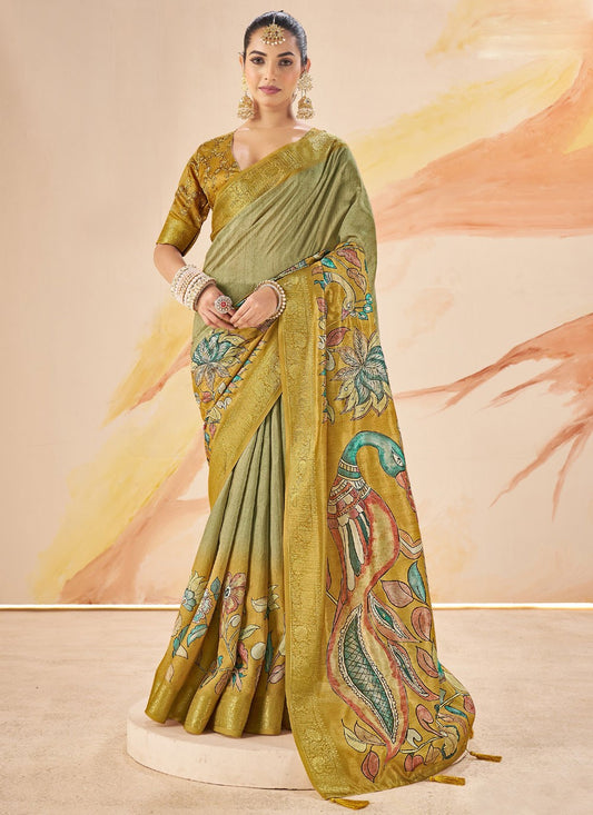 Green Silk Contemporary Saree Printed, Weaving Zari S19097