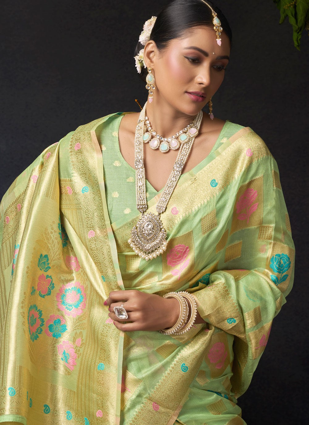 Green Organza Contemporary Saree Weaving Zari S19564