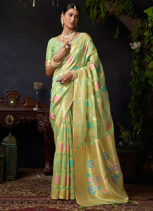 Green Organza Contemporary Saree Weaving Zari S19564
