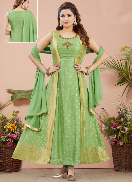 Salwar Suit Weaving Zari Green Silk T5230