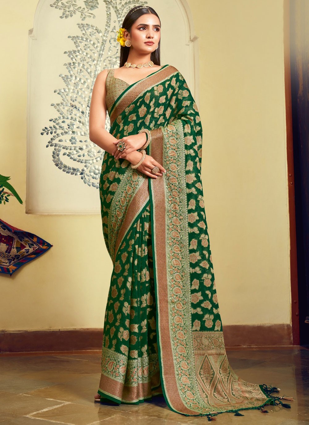 Weaving Zari Georgette Green Traditional Saree S15496