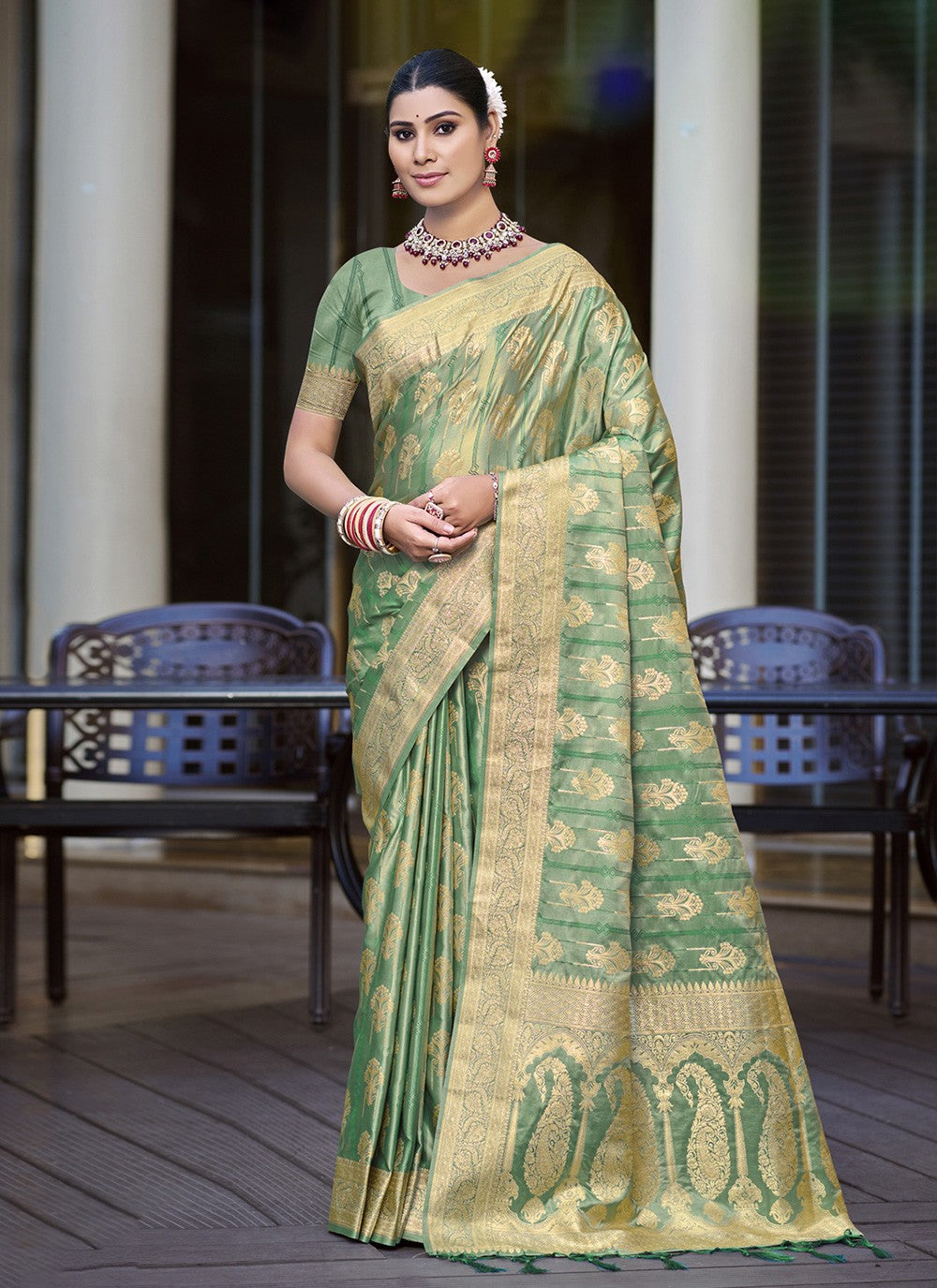 Trendy Saree Weaving Zari Green Satin Silk S12718