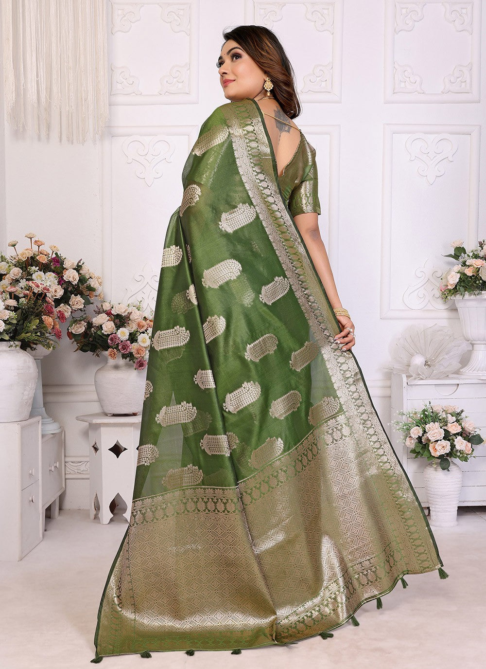 Weaving Zari Organza Green Saree S14356
