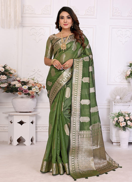 Weaving Zari Organza Green Saree S14356
