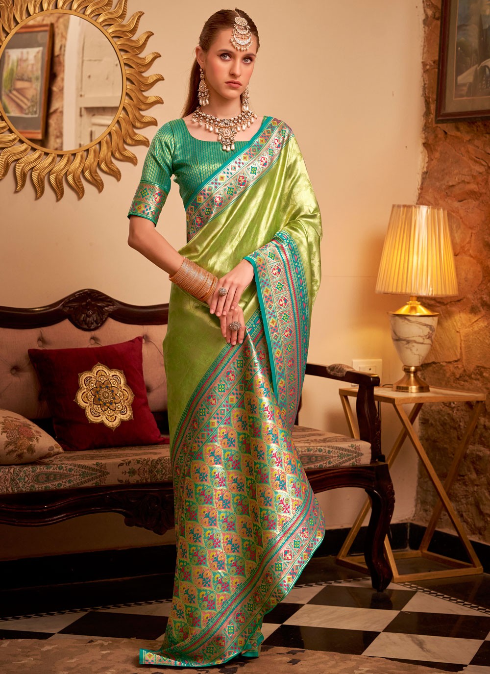 Green Silk Contemporary Saree Weaving Zari, Zari S17793