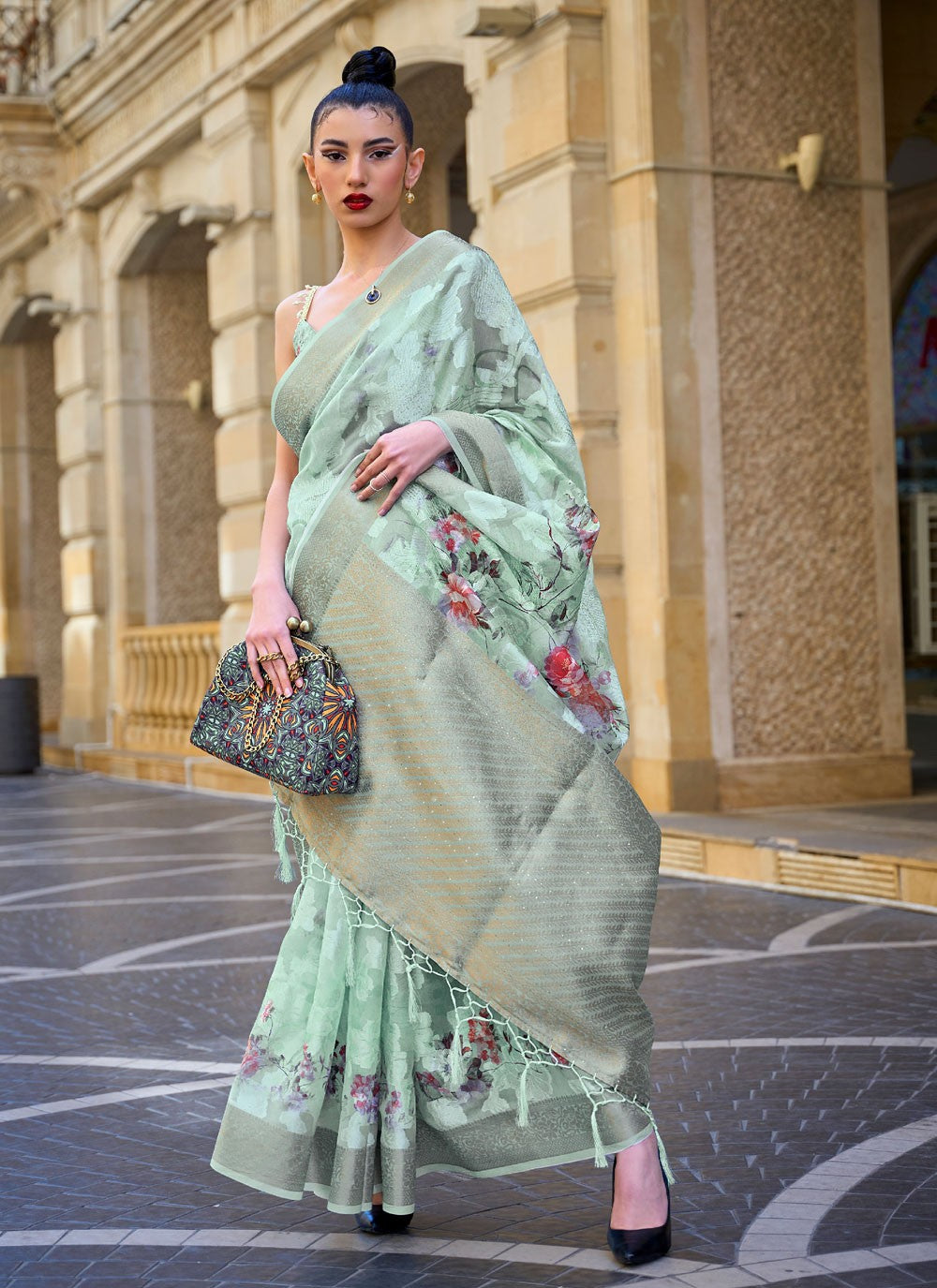 Designer Printed Brasso Saree - S4221