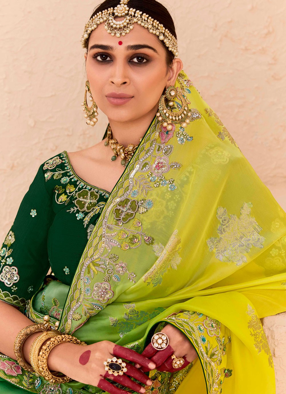 Contemporary Embroidered Green Silk Saree S13659