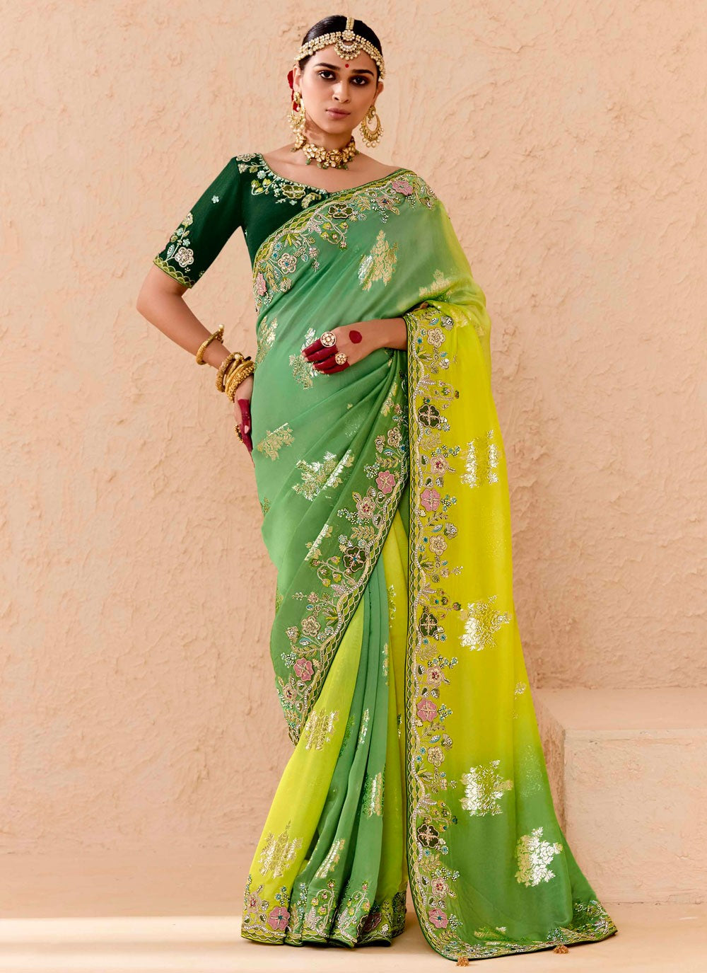 Contemporary Embroidered Green Silk Saree S13659