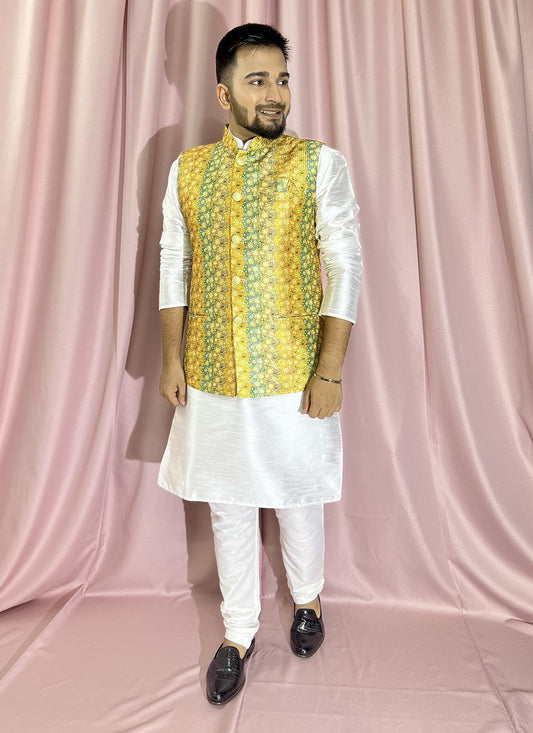 Embroidered Silk Green, White, Yellow Kurta Payjama With Jacket - M5895