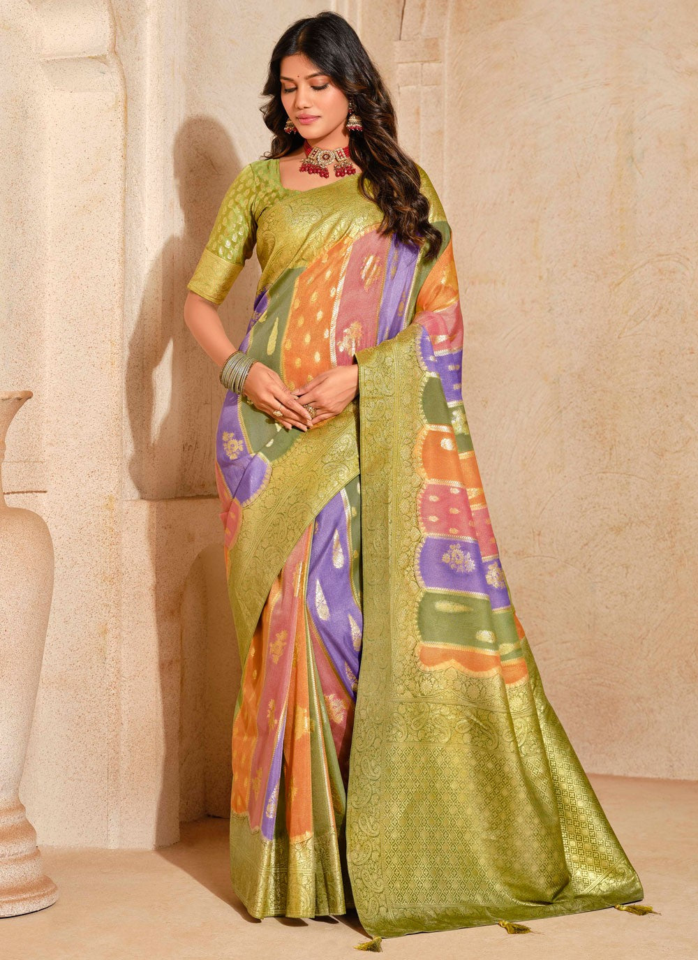 Contemporary Fancy Work Green Silk Saree S13269