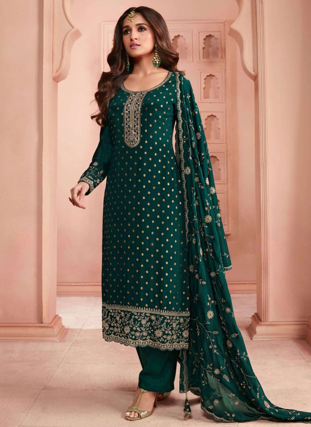 Embroidered Jacquard Silk Pant Style Suit - T4596