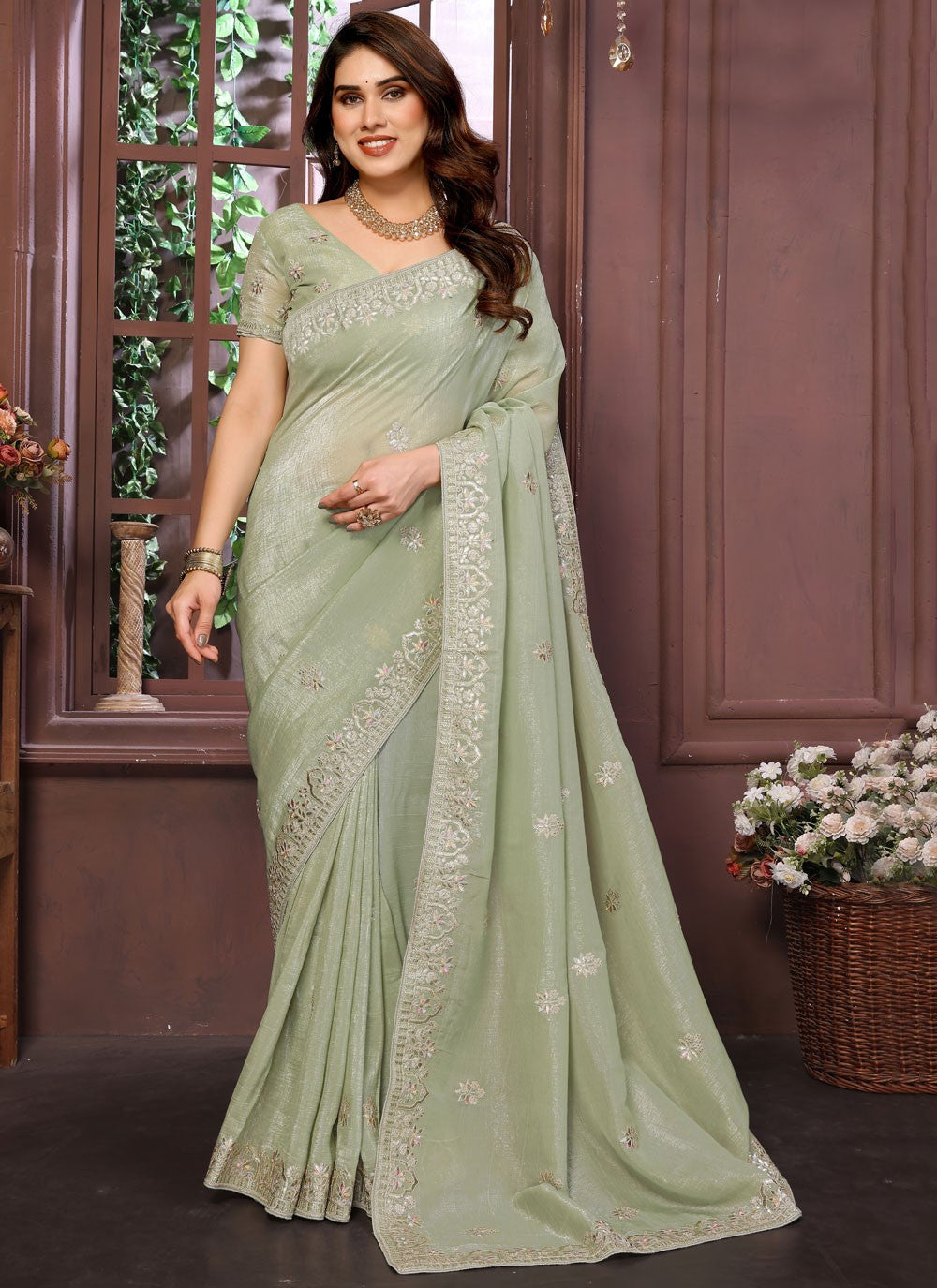 Green Pure Crepe Contemporary Saree Embroidered, Zari S15740