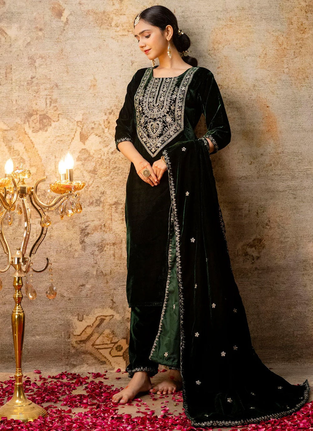 Embroidered Velvet Green Salwar Suit T6129