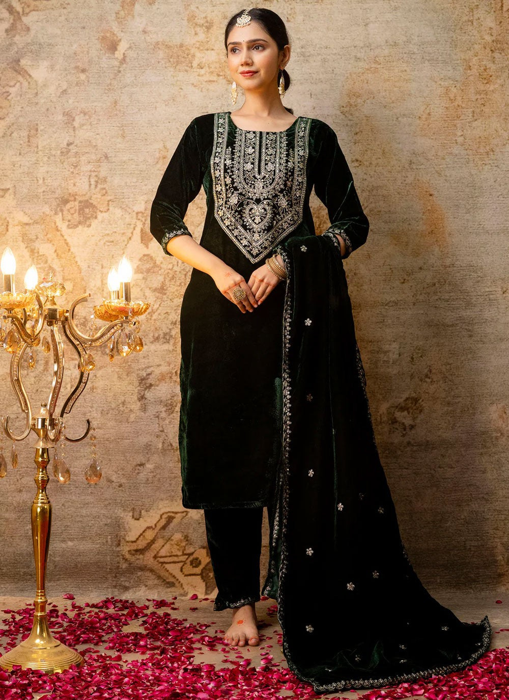 Embroidered Velvet Green Salwar Suit T6129