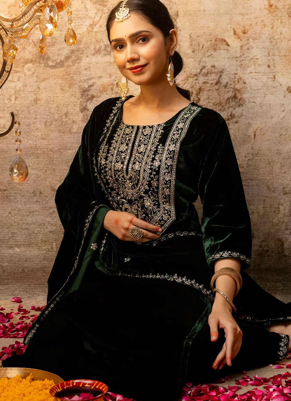 Embroidered Velvet Green Salwar Suit T6129