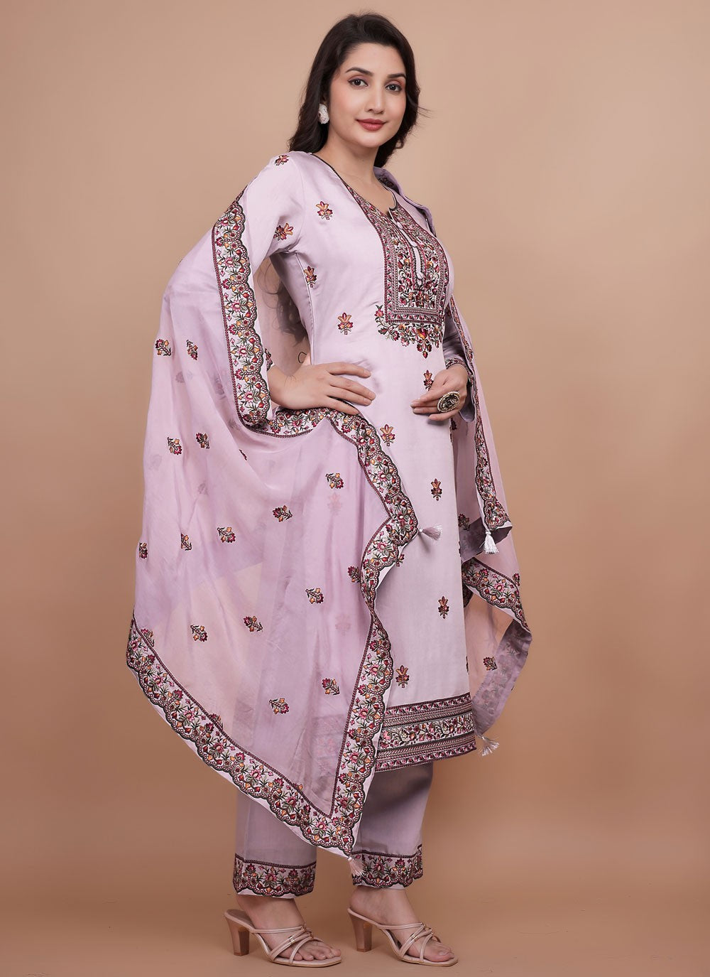 Pant Style Suit Embroidered Grey T7708