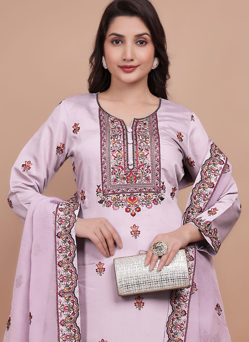 Pant Style Suit Embroidered Grey T7708