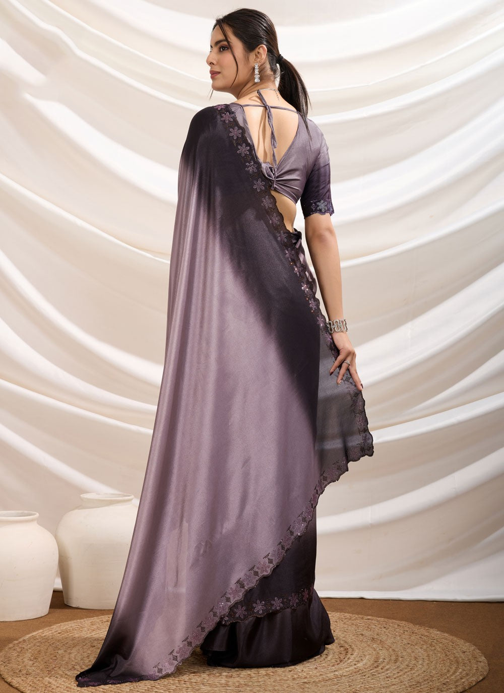 Cut Work Pure Crepe Grey Designer Saree S15170