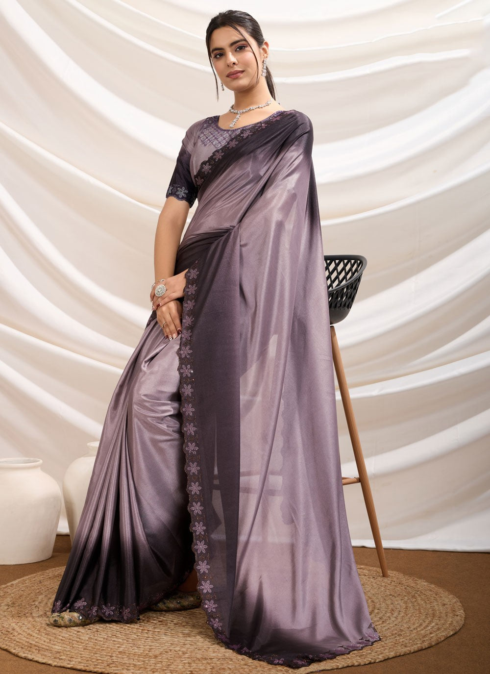 Cut Work Pure Crepe Grey Designer Saree S15170
