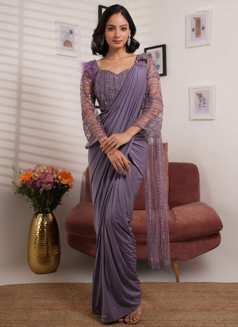 Trendy Saree Embroidered Grey, Lavender Lycra Saree S13175
