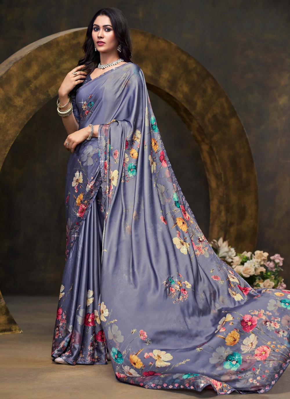 Trendy Saree Digital Print Grey, Lavender Satin Silk Saree S13240