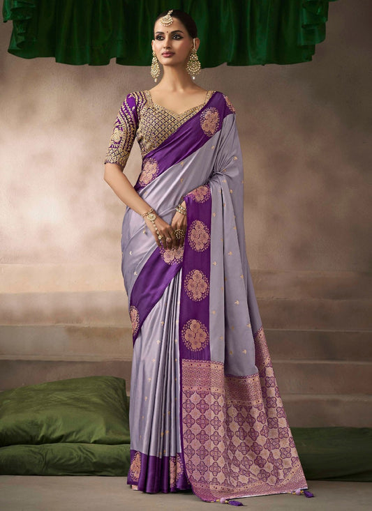 Grey Satin Silk Contemporary Saree Weaving Zari, Zari S19204