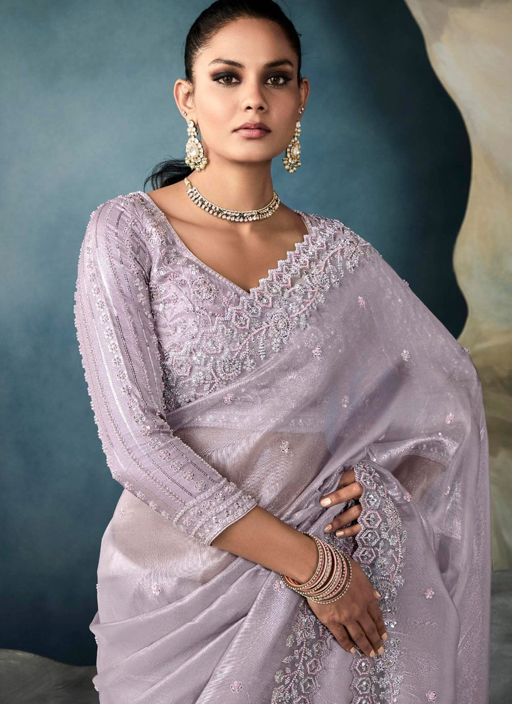 Cut Work Tissue Grey Traditional Saree S14875