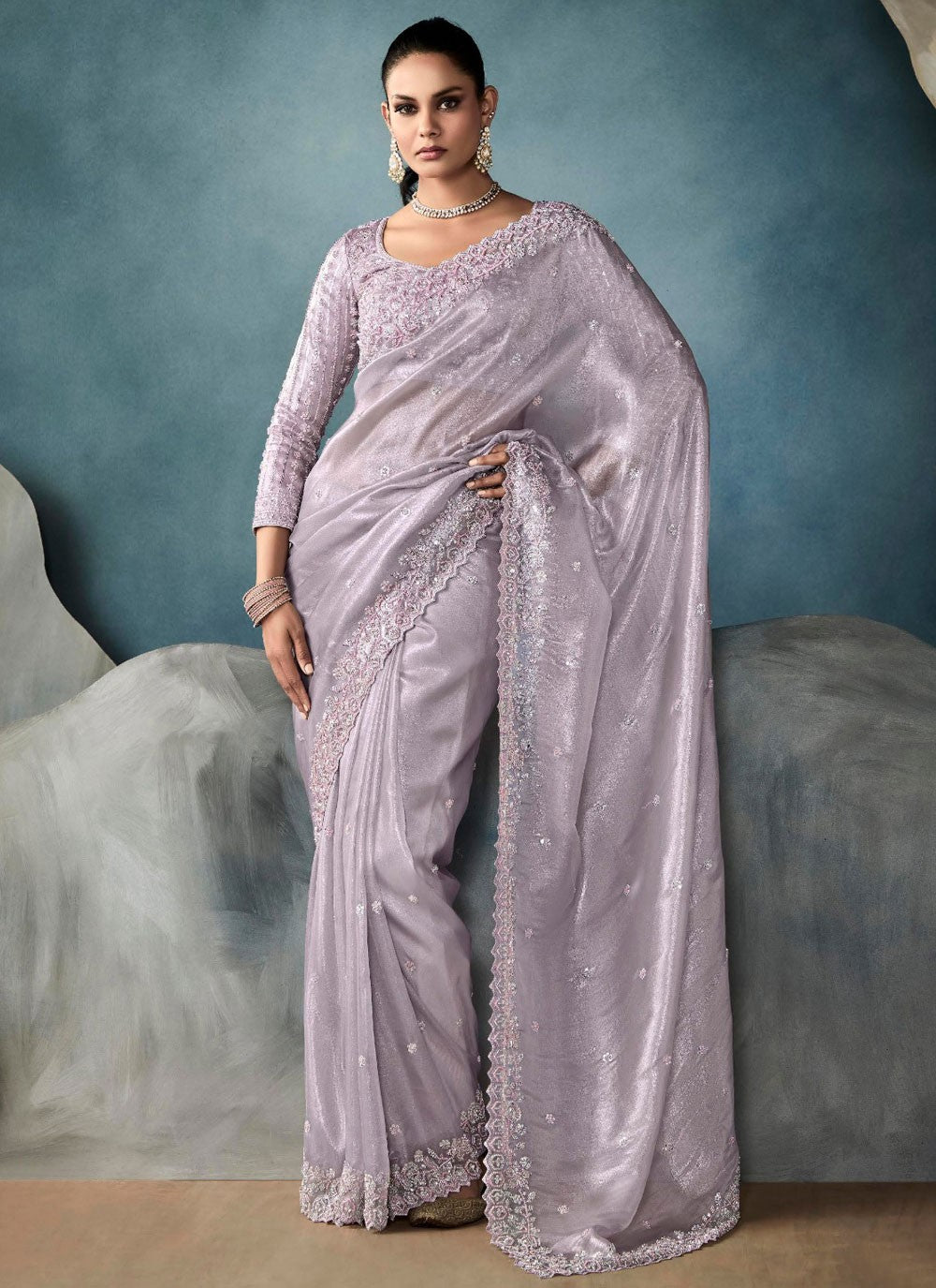 Cut Work Tissue Grey Traditional Saree S14875