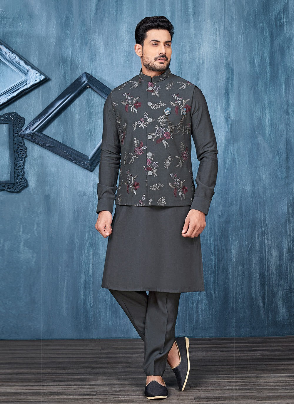 Embroidered Banarasi Silk Grey, Multi Colour Kurta Payjama With Jacket - M6340