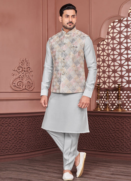 Embroidered Banarasi Silk Grey, Multi Colour Kurta Payjama With Jacket - M6334