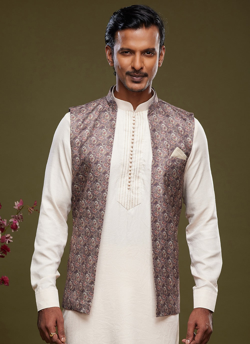 Digital Print Banarasi Silk Grey, Off White Kurta Payjama With Jacket - M6079