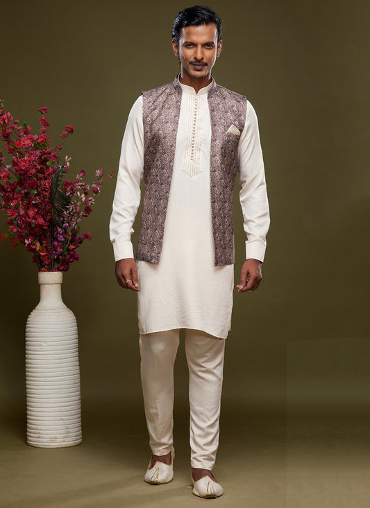 Digital Print Banarasi Silk Grey, Off White Kurta Payjama With Jacket - M6079