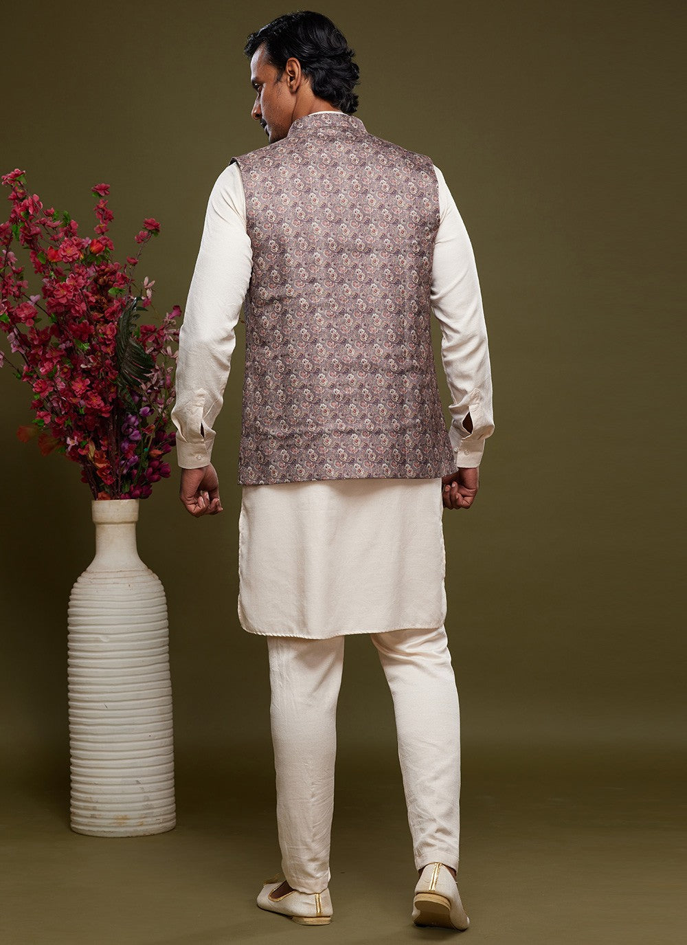 Digital Print Banarasi Silk Grey, Off White Kurta Payjama With Jacket - M6079